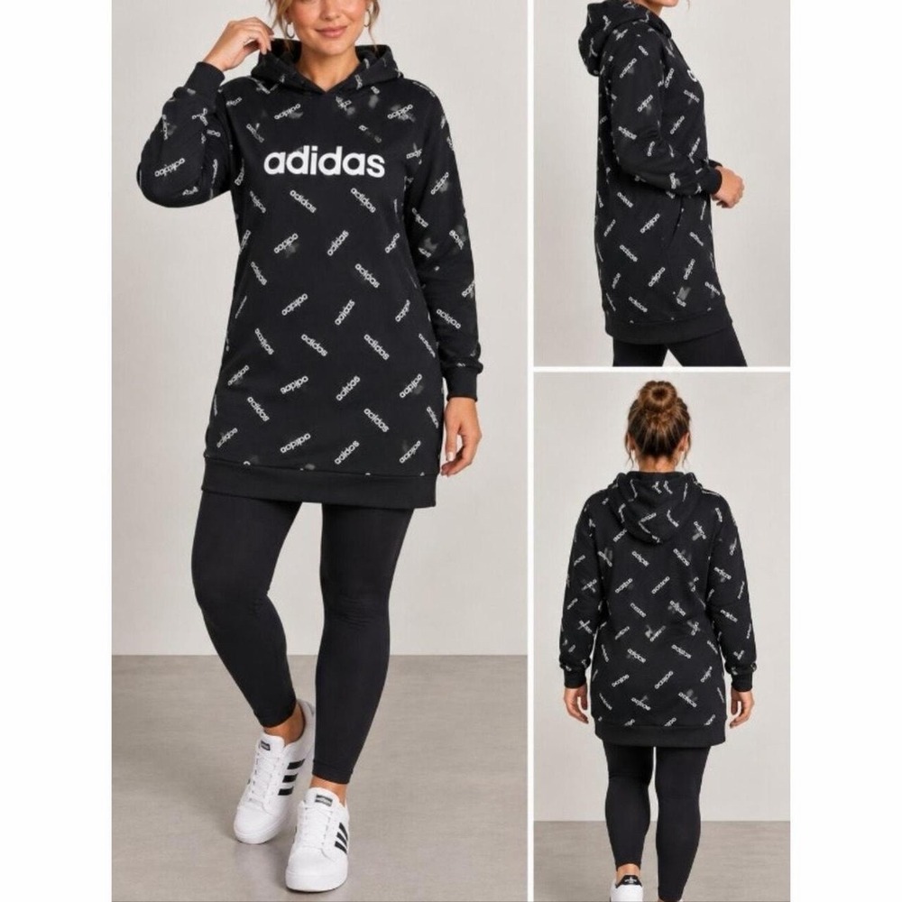 Adidas Womens Large Black Logo Print Hoodie Dress Longline Sweatshirt Tunic L